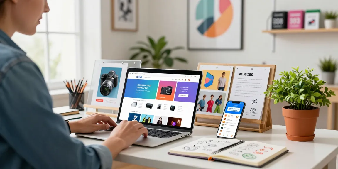 E-commerce workspace at https://raja328.com/ showcasing an entrepreneur at a stylish desk surrounded by colorful products and natural light.