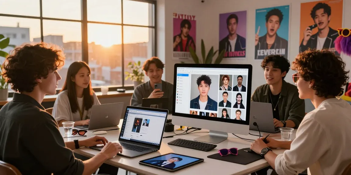 People using AI celebrity look alike finder in a lively studio, discovering their celebrity matches.
