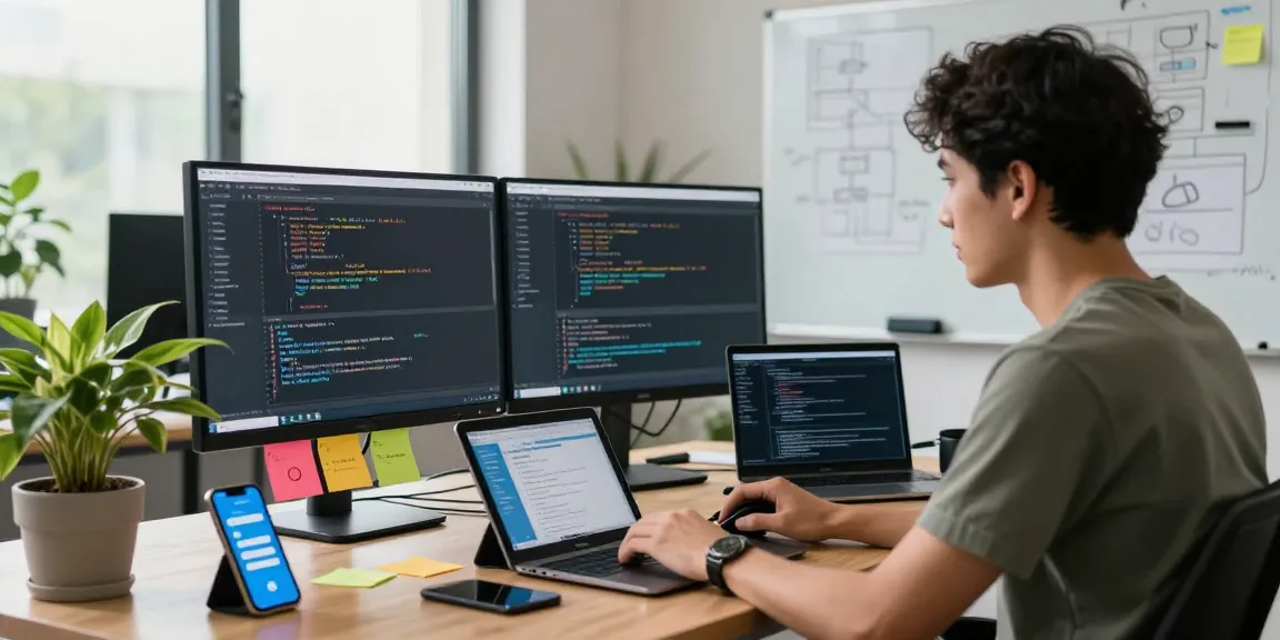 Software engineer coding on dual monitors with Telegram interface at teiegramin.com workspace
