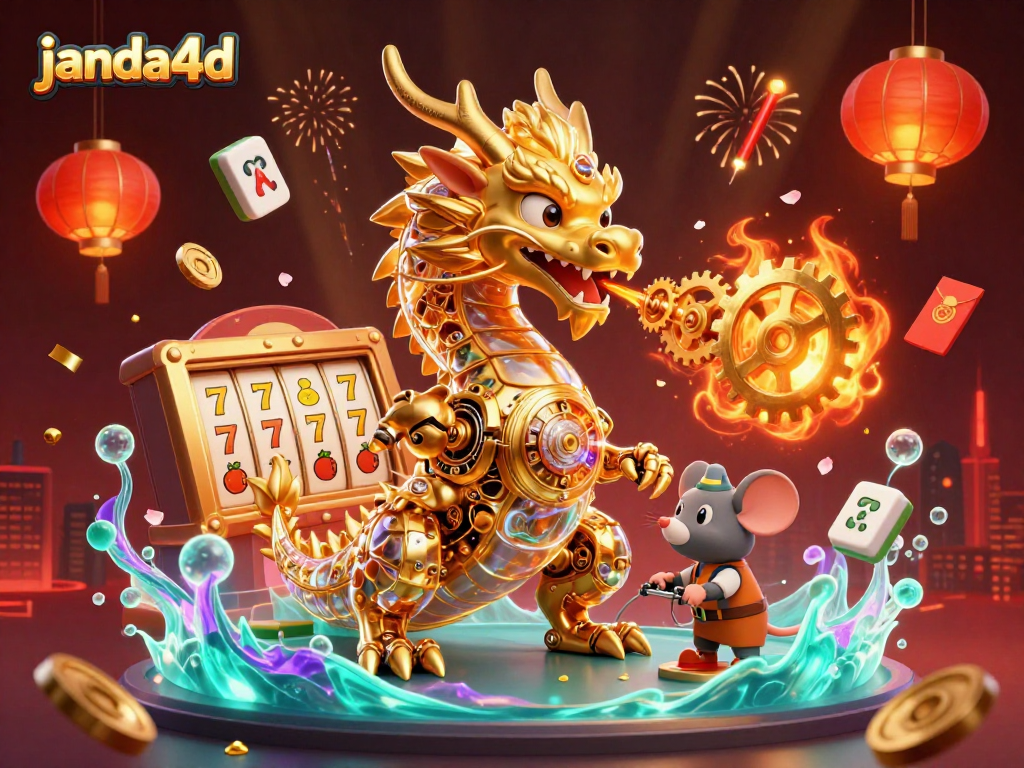 Join the fun with janda4d's vibrant casino scene featuring a golden dragon and poker elements.