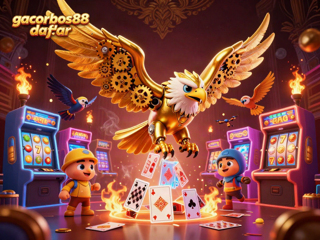 Engage with gacorbos88 daftar in this vibrant 3D casino scene, showcasing an animated golden eagle surrounded by playful slot elements.