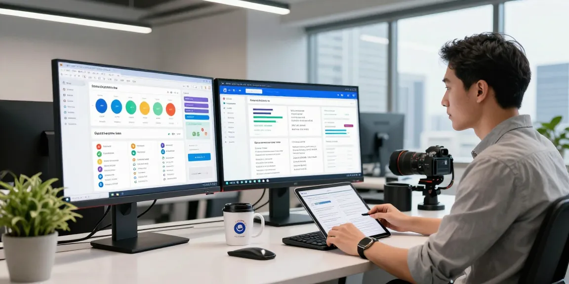 Content strategist analyzing data on telegraimin.com in a modern workspace with multiple screens and a city view.
