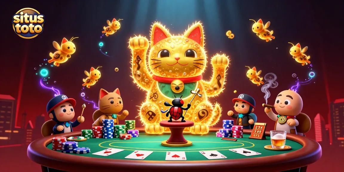 Situs toto showcases a vibrant 3D illustration of a lucky cat controlling casino symbols amid poker elements.