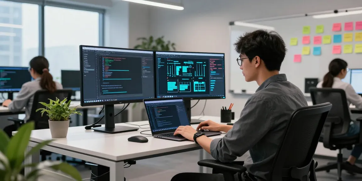 Developer working on NAGA2000 software in a modern office with dual monitors and vibrant visuals.
