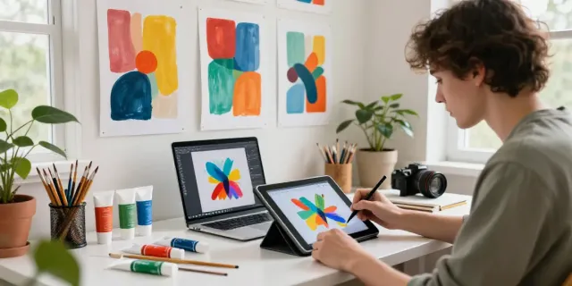 Artist using an affordable AI abstract art generator in a vibrant creative workspace.