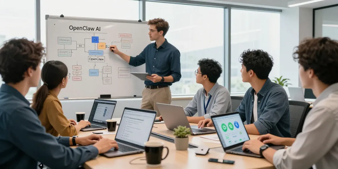 Team of developers collaborating on OpenClaw AI integration in modern office workspace.