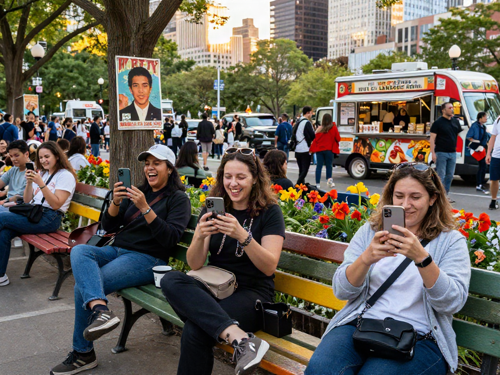 Group of people joyfully comparing images of look alikes of famous people in a vibrant park.