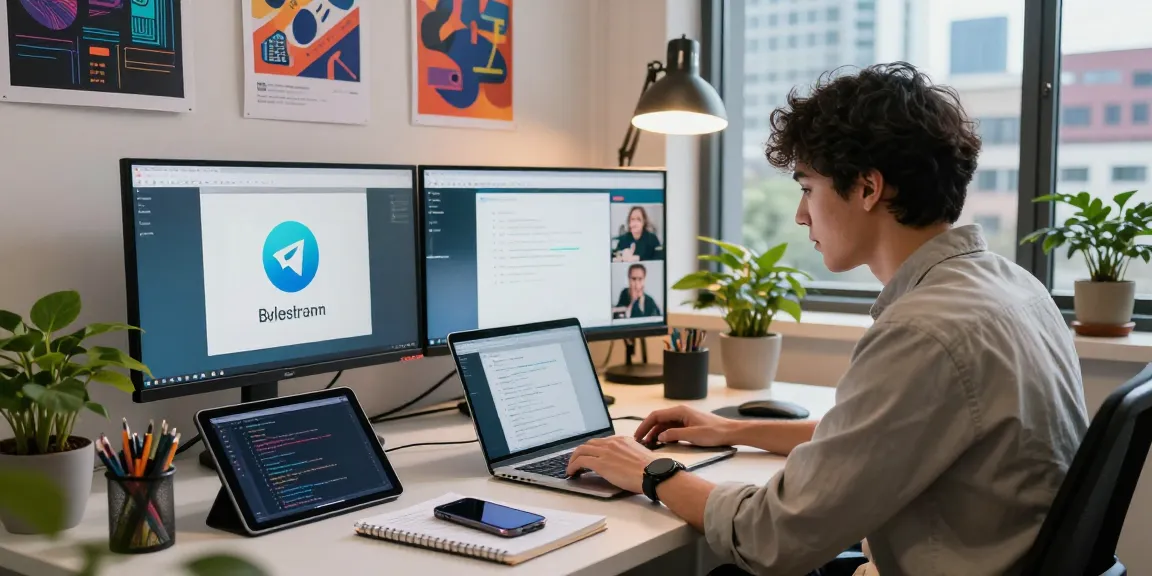 Explore Telegram Chinese usage 2026 in a vibrant tech workspace with dual monitors and a creative professional.