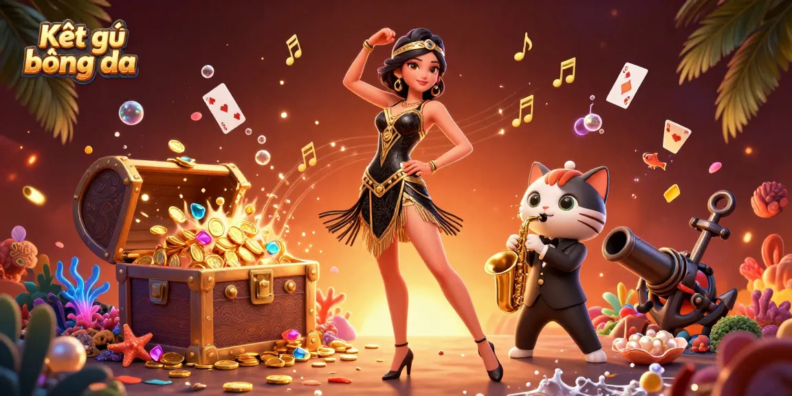 Kết quả bóng đá updates as a 3D woman in art deco pose accompanies a zoot-suited cat amidst casino-themed elements.