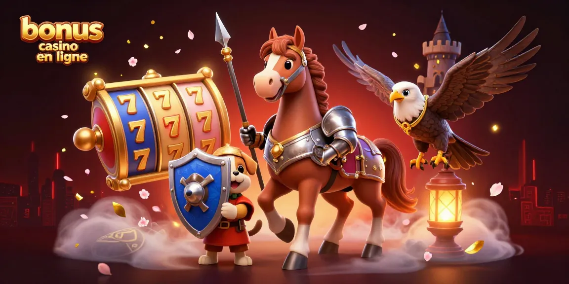 Gagnez des bonus casino en ligne avec des machines à sous colorées et un chevalier en armure.