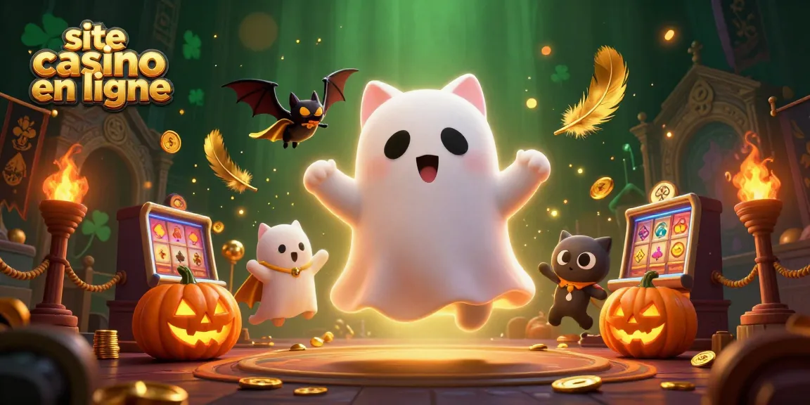 Illustration dynamique d'un chat fantôme flottant dans un site casino en ligne hanté. Les éléments de jeu sont éparpillés.