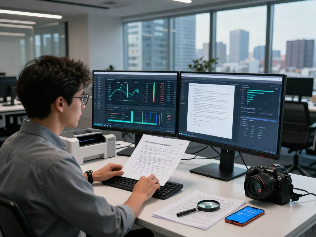 Innovative workspace featuring a document fraud detection solution expert analyzing digital documents and fraud metrics in a modern office.