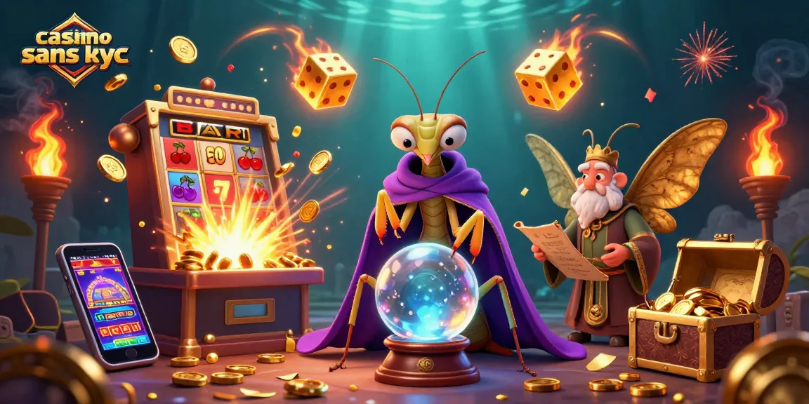 Visualisez le meilleur casino sans KYC avec des personnages de jeu entourés de machines à sous et de bonus scintillants.
