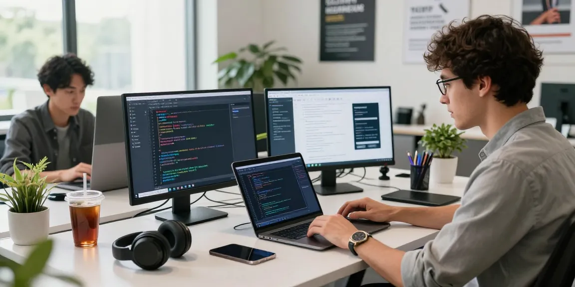 Developer utilizing telegramin-cn.com in a modern workspace, surrounded by tech gadgets and inspiring decor.