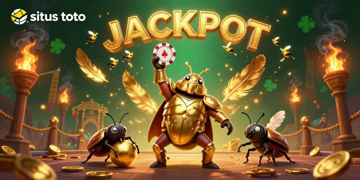 Engage in situs toto with a heroic beetle character celebrating victory, surrounded by vibrant casino elements.
