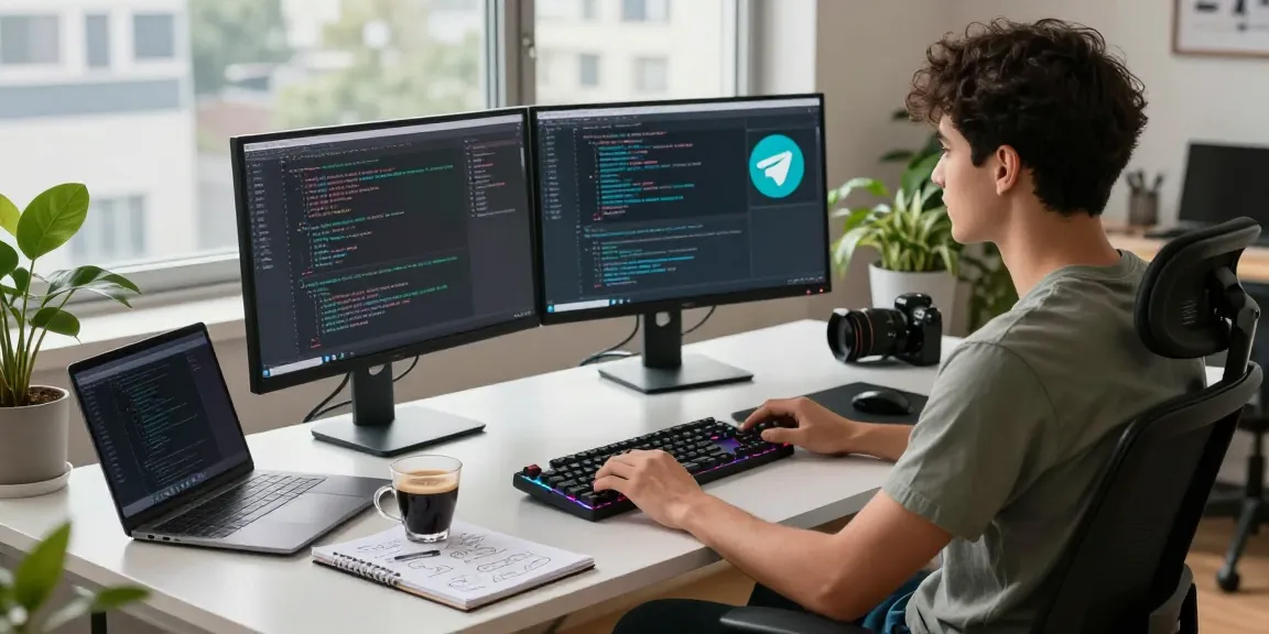 Detailed workspace showing a developer using 纸飞机中文版 on dual monitors with coffee and coding materials.