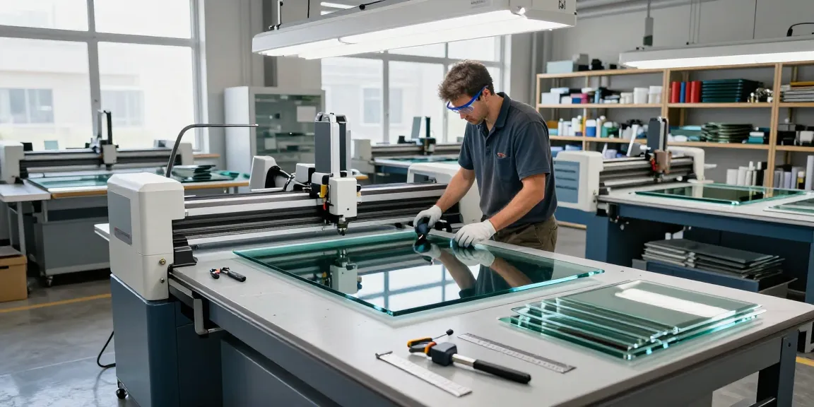Technician using glass cutting table in a bright manufacturing workshop with advanced machinery.