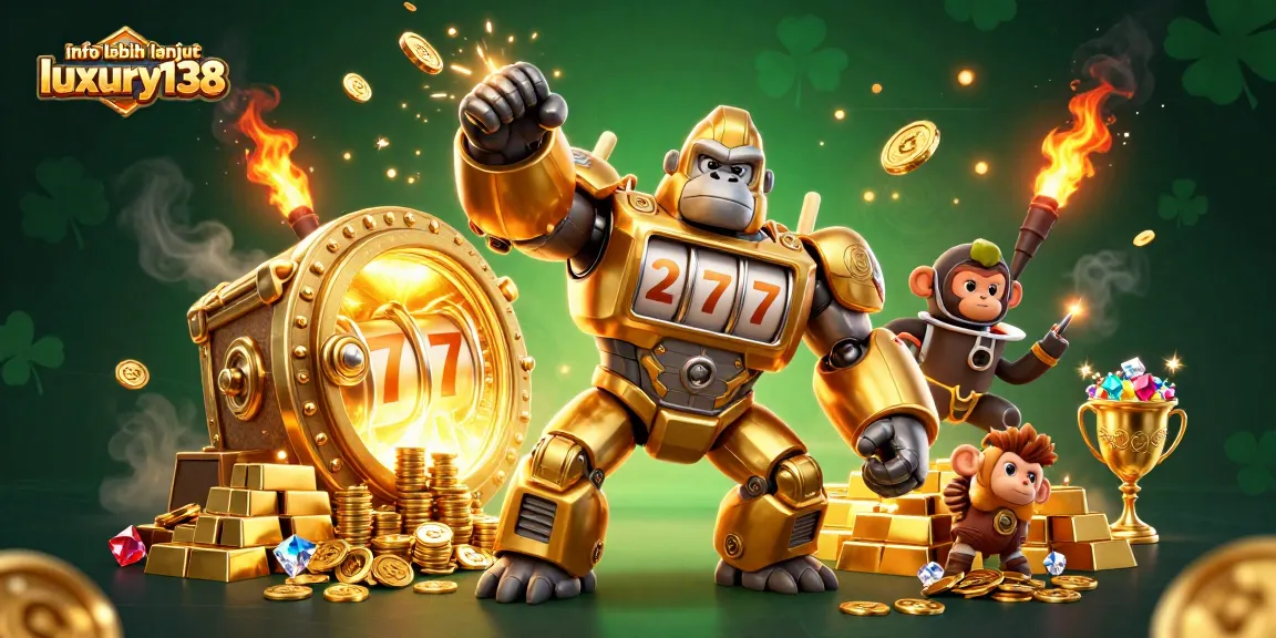 Menang di info lebih lanjut luxury138, 3D ilustrasi kasino luar biasa dengan gorila emas mekanik, koin berterbangan, dan harta karun.