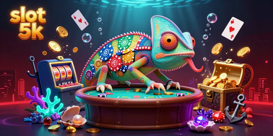 Experience the excitement of slot 5k with our vibrant 3D chameleon casino illustration