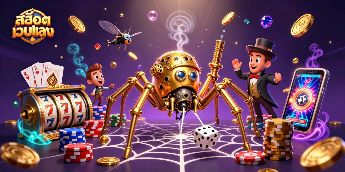 Experience the thrill of สล็อตเว็บตรง with a captivating scene of a steampunk spider and lively casino elements.