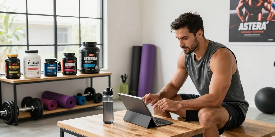 Browsing Astera Shop for steroids products in a vibrant home gym.