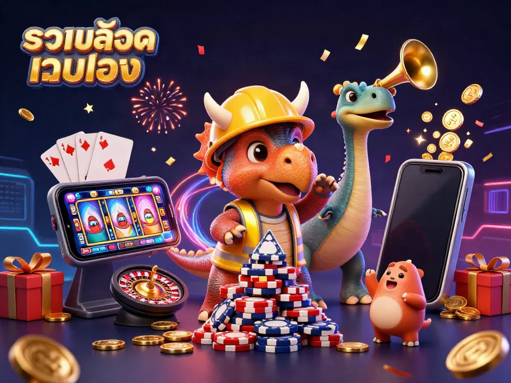 Engage with รวมสล็อตเว็บตรง as dinosaurs build excitement with casino elements in a celebratory scene.