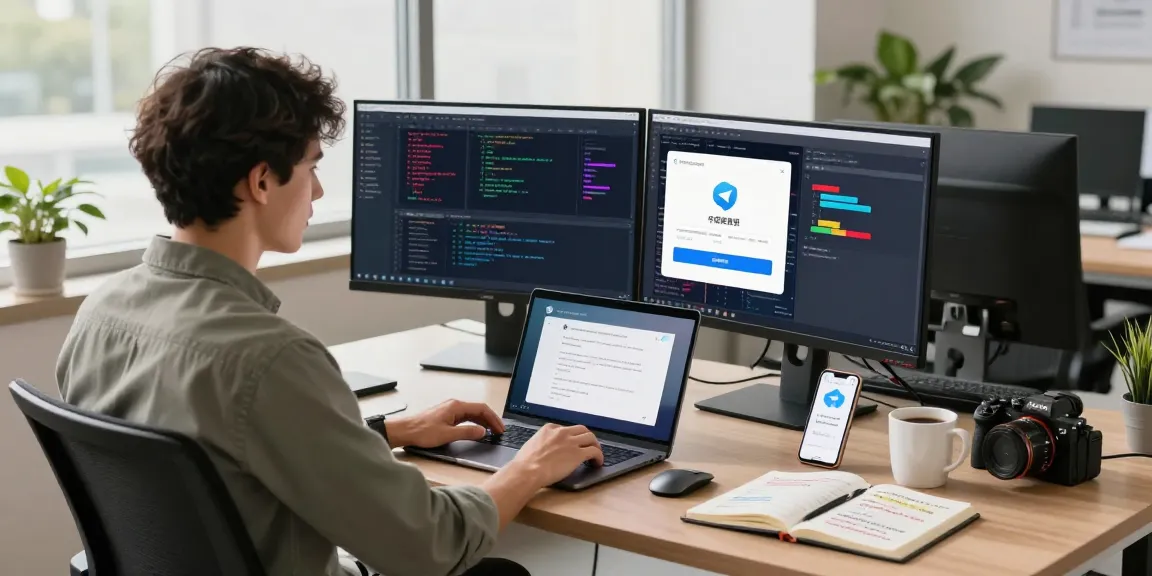 Setting up Telegram Chinese usage 2026 on a laptop in a modern workspace.