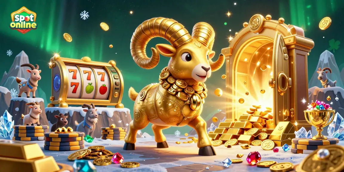 Experience the thrill of slot online gaming with this dynamic 3D illustration featuring a golden ram and jackpot elements.