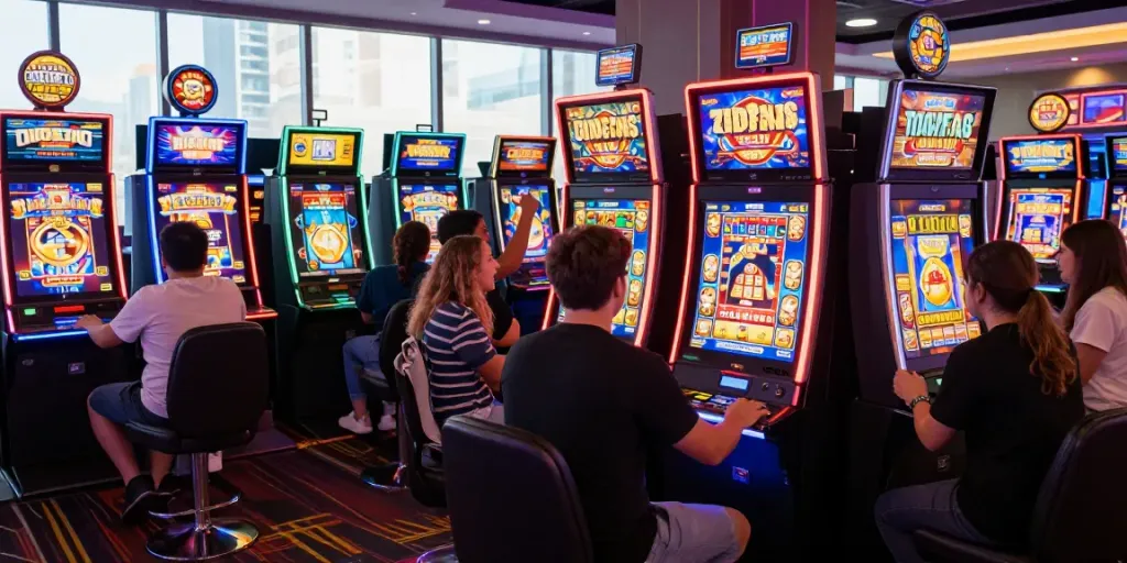 Pengalaman bermain slot di kasino modern dengan pemain bersemangat dan mesin berwarna-warni.
