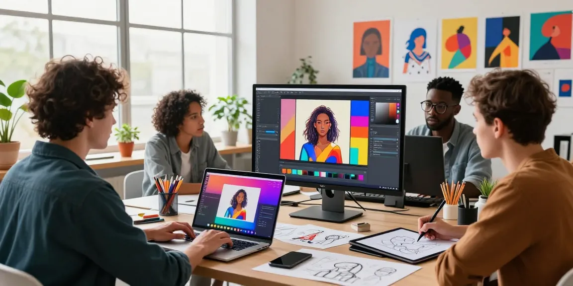 Artists collaborating in a vibrant studio using the Nano Banana 2 model for AI image editing, showcasing creativity.