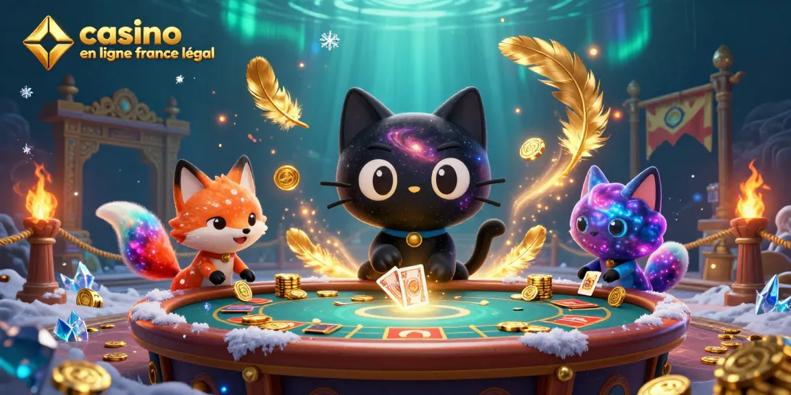 Table de casino animée avec un chat noir, un trou noir et un renard nébuleux, représentant le casino en ligne légal en France.