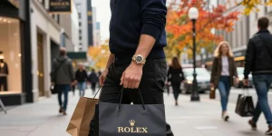 Stylish individual showcasing a Rolex super clone watch while shopping in a luxury urban setting.