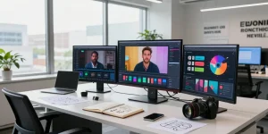Engaged professional using video prompt ai tools in a modern workspace.