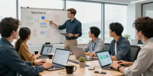 Team of developers collaborating on OpenClaw AI integration in modern office workspace.