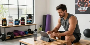 Browsing Astera Shop for steroids products in a vibrant home gym.
