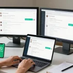 Engaging user working with WhatsApp網頁版 on laptop in a modern office setting.