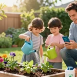 Family using the rainpoint wifi water timer to effortlessly manage garden watering and ensure plant health.
