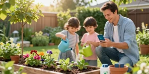 Family using the rainpoint wifi water timer to effortlessly manage garden watering and ensure plant health.