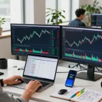 Cricbet99 cryptocurrency trading scene in a co-working space featuring live exchange charts and DeFi platforms, showcasing a digital wallet interface.