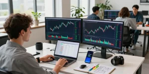 Cricbet99 cryptocurrency trading scene in a co-working space featuring live exchange charts and DeFi platforms, showcasing a digital wallet interface.