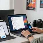 Individual using VPN on laptop to access Telegram in China; demonstrating telegram china help.