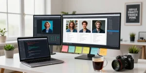 AI image detector analysis in a modern digital workspace with advanced software results and engaging atmosphere.