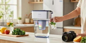 Waterdrop Alkaline DA97-17376B Water Filter enhancing clear water in a modern kitchen setting.