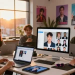 People using AI celebrity look alike finder in a lively studio, discovering their celebrity matches.