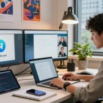 Explore Telegram Chinese usage 2026 in a vibrant tech workspace with dual monitors and a creative professional.