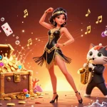 Kết quả bóng đá updates as a 3D woman in art deco pose accompanies a zoot-suited cat amidst casino-themed elements.