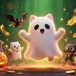 Illustration dynamique d'un chat fantôme flottant dans un site casino en ligne hanté. Les éléments de jeu sont éparpillés.