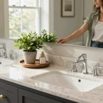 Stylish bathroom vanity with dual sinks and modern fixtures, enhanced by natural light.