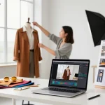 Fotografo ecommerce Milano al lavoro in un moderno studio fotografico, creando immagini professionali per prodotti.