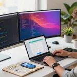 Professional workspace showcasing innovative app development with 纸飞机中文版 messaging software on dual monitors.